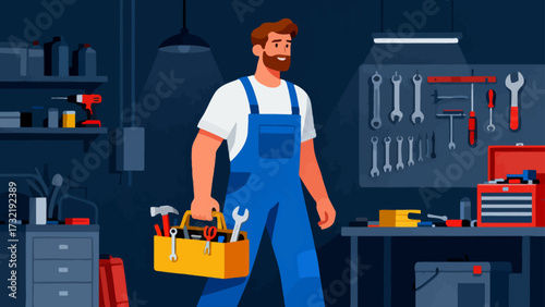 The repairman is carrying a tool bag, cartoon hand-drawn vector illustrations