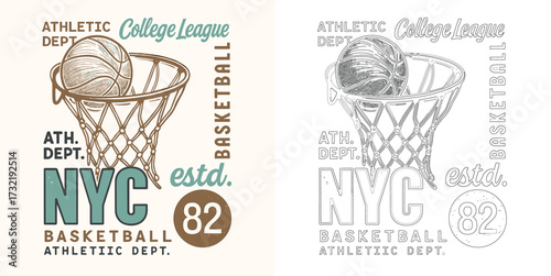 NYC basketball college league vector illustration T shirt design with ball hoop retro sports typography style isolated on white background