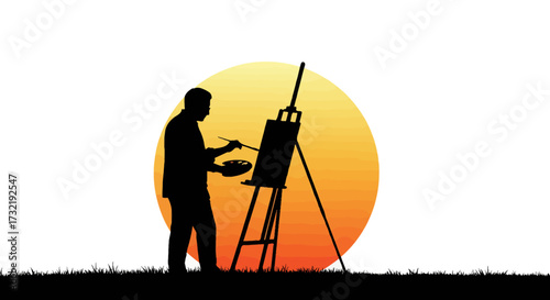 Silhouette of Artist Painting Outdoors at Sunset Expressing Creativity