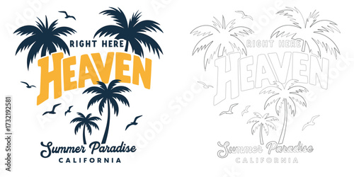 Heaven summer paradise vector illustration T shirt design with palm tree sunset and retro travel style isolated on white background