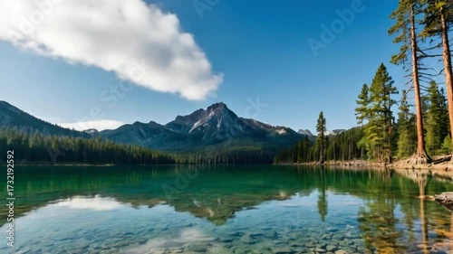 A peaceful mountain valley with green meadows, a clear blue river flowing through, and snowy peaks in the background