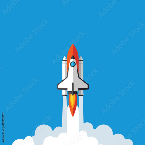 Flat-design space shuttle launches against a bright blue sky with white clouds