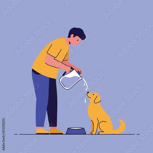 Person pours water for dog, minimalist illustration against blue-purple background