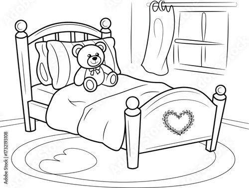 Teddy bear sitting on a bed with pillows and a heart wreath on headboard Keywords: teddy bear