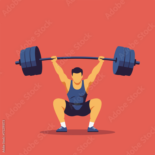 Weightlifter squats with barbell over head against a salmon-colored background