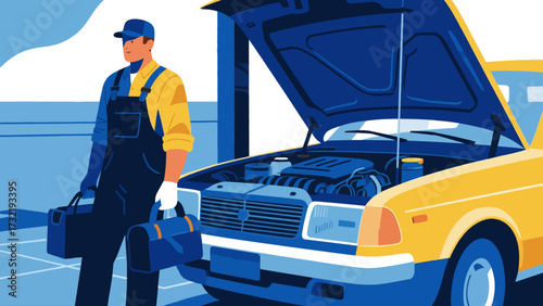 The repairman is carrying a tool bag, cartoon hand-drawn vector illustrations