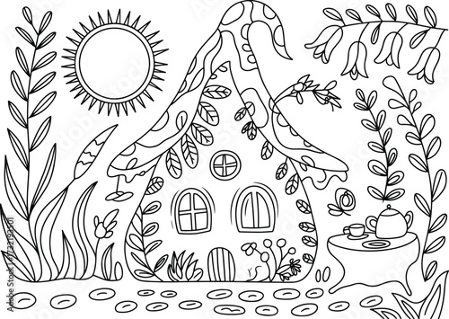 Whimsical doodle of a fairy tale house with sun and plants drawing outline