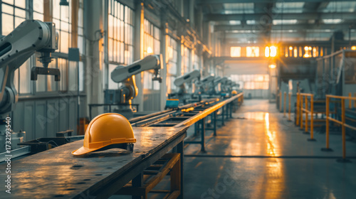 Yellow Safety Helmet on a Workbench while Automated Robots working at Manufacturing Plant
