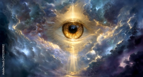 The mystical all-seeing eye of God, a spiritual and esoteric symbol like the Eye of Providence, a divine gaze with rays of light among dramatic clouds, a concept of omniscience.