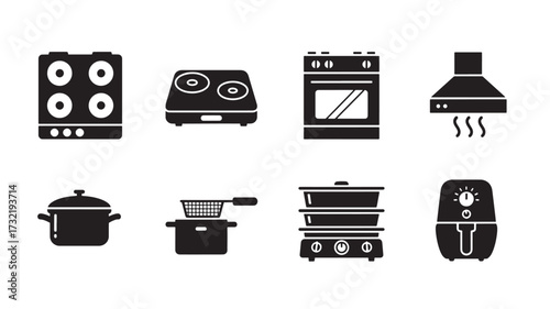 Kitchen appliance icons simple black glyphs vector set for cooking and food preparation isolated on 