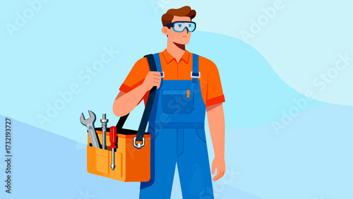 The repairman is carrying a tool bag, cartoon hand-drawn vector illustrations