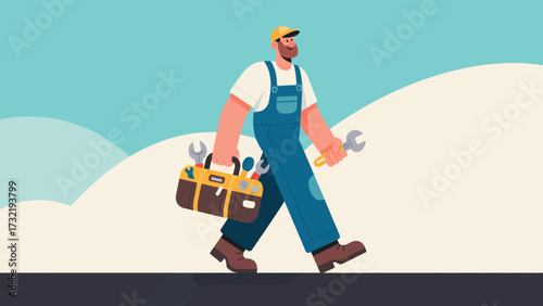 The repairman is carrying a tool bag, cartoon hand-drawn vector illustrations