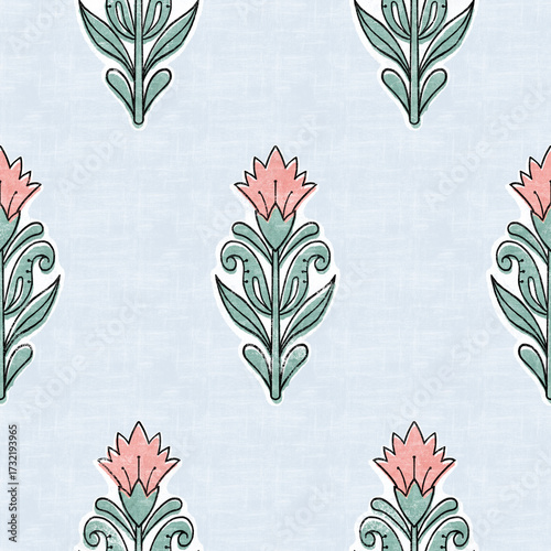 Indian block print seamless pattern with floral element. Simple flower print on light blue.