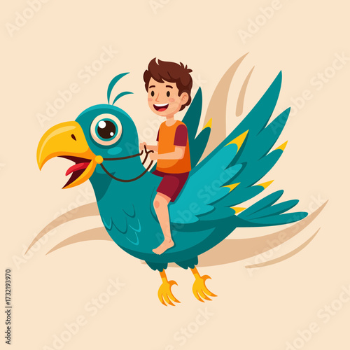 Cartoon Boy Riding a Teal Bird with a Yellow Beak and Feet.