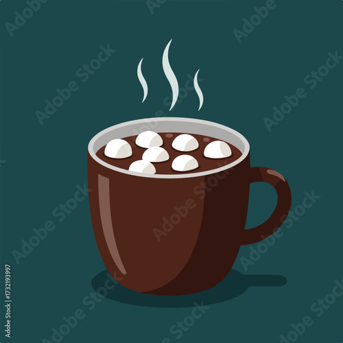 Steaming mug of hot cocoa topped with marshmallows, sitting on a teal backdrop
