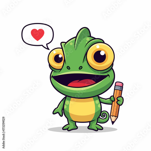 Cartoon Chameleon with Heart Bubble and Pencil Expressing Love for Writing.