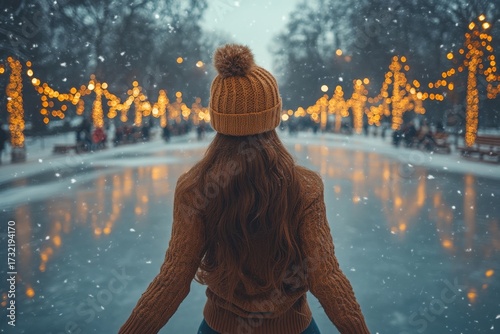 Woman standing in snowy street.