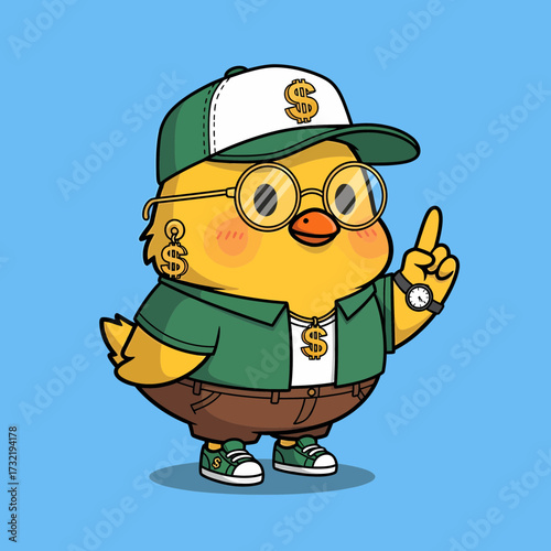 Cartoon Chick Character with Dollar Sign Accessories and Upward Pointing Finger.