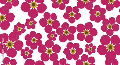 Many flowers with pink petals and yellow stamen against a white background