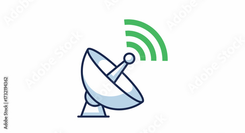 Cartoon illustration of a satellite dish antenna transmitting signal on plain backdrop