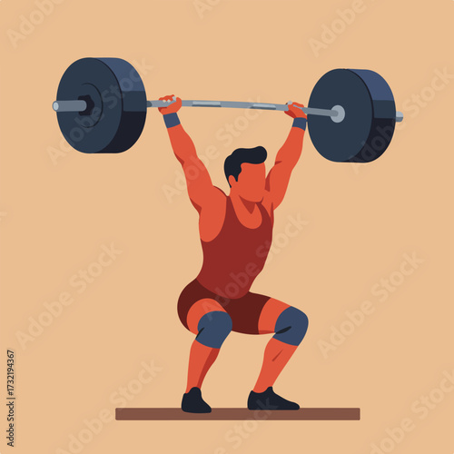 A weightlifter lifts a barbell overhead in a squat position