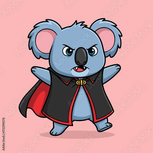 Cartoon Koala Vampire with RedLined Cape and Golden Clasp Fangs Bared.