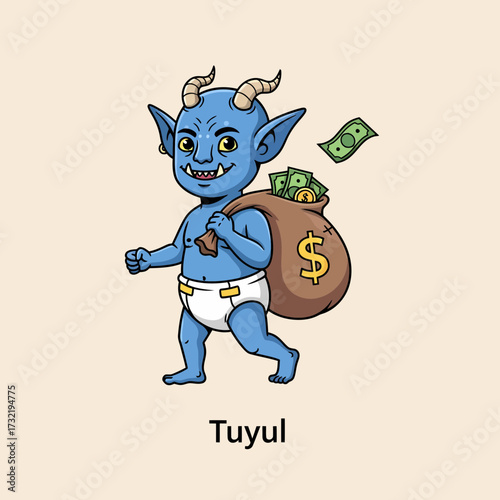 Cartoon Tuyul with Horns Diaper and Sack Full of Money.