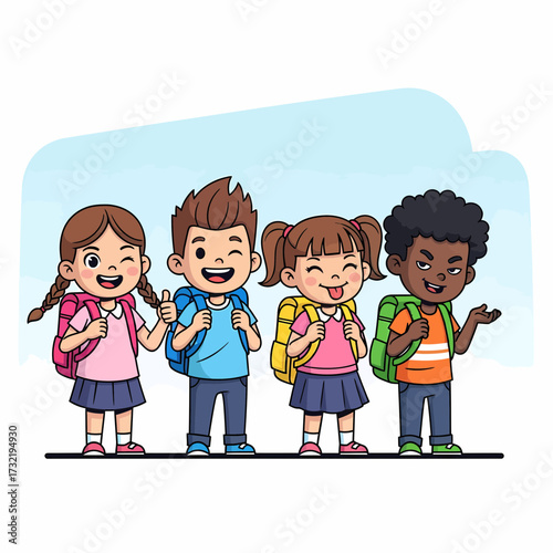 Diverse Cartoon Schoolchildren with Backpacks Posing with Expressive Gestures.