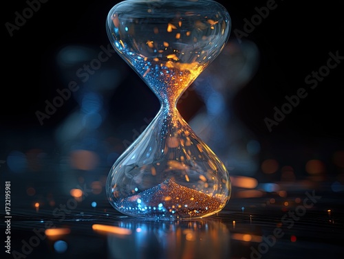 Artistic rendering of an hourglass with shimmering light effects. Blurry background with two additional hour glasses