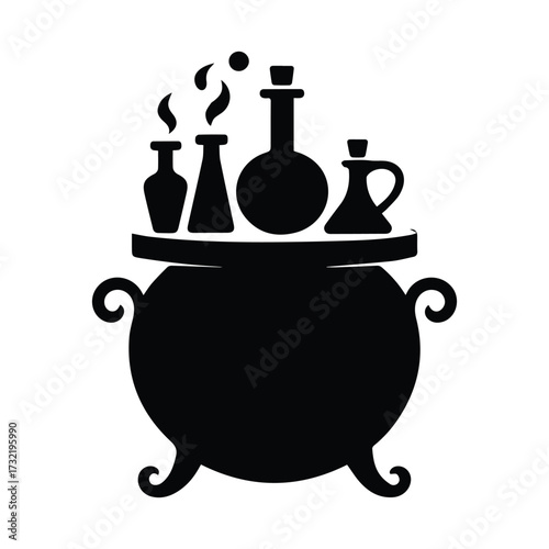 Mysterious alchemical cauldron and potion bottles with wisps of smoke