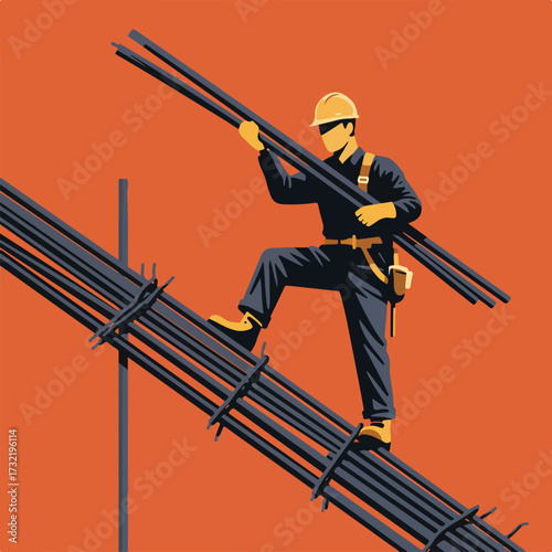 Construction worker with helmet and tools carrying steel bars on rebar structure