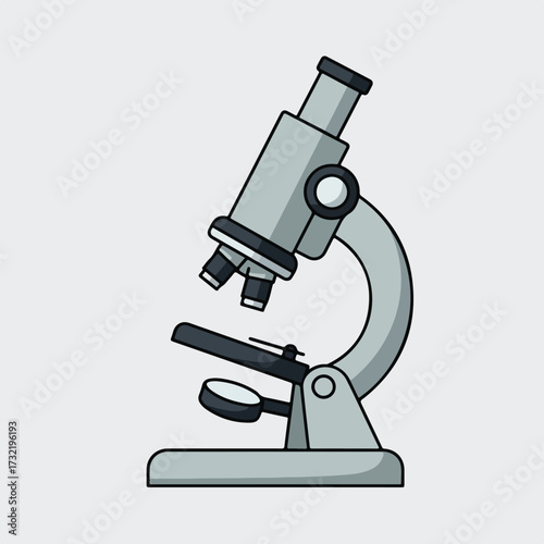 Illustrated grey microscope with black accents on a light grey background
