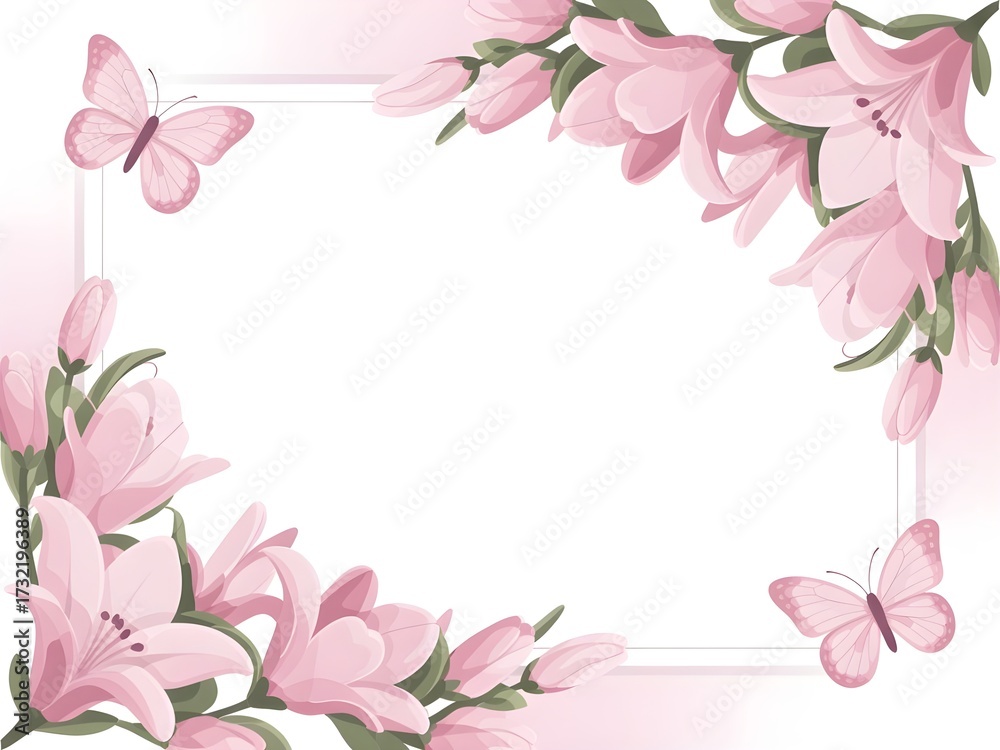 Fototapeta premium Delicate pink lily floral border with butterflies for spring and summer designs