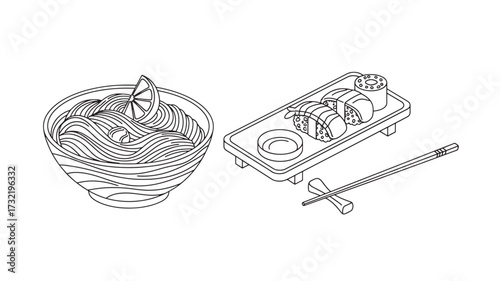 Isometric outline of ramen bowl and sushi set vector illustration for restaurant menu isolated on wh