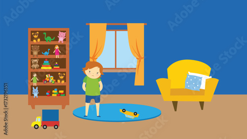 Illustration of a boy playing with toys in the living room.