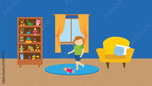 Vector illustration of a little girl playing with toys at home in the living room