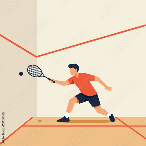 Minimalist illustration of a squash player hitting a ball against the wall