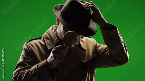 Mysterious Detective Silhouette with Magnifying Glass on Green Screen Background for Compositing