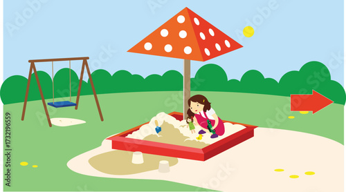 Girl playing in the sandbox. Vector illustration in a flat style.