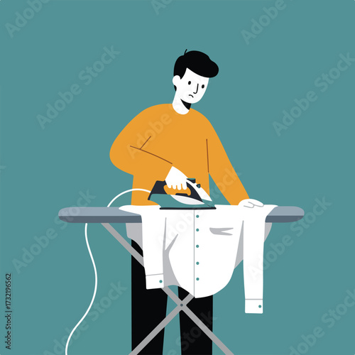 Man ironing a white shirt on ironing board, looking somewhat dissatisfied