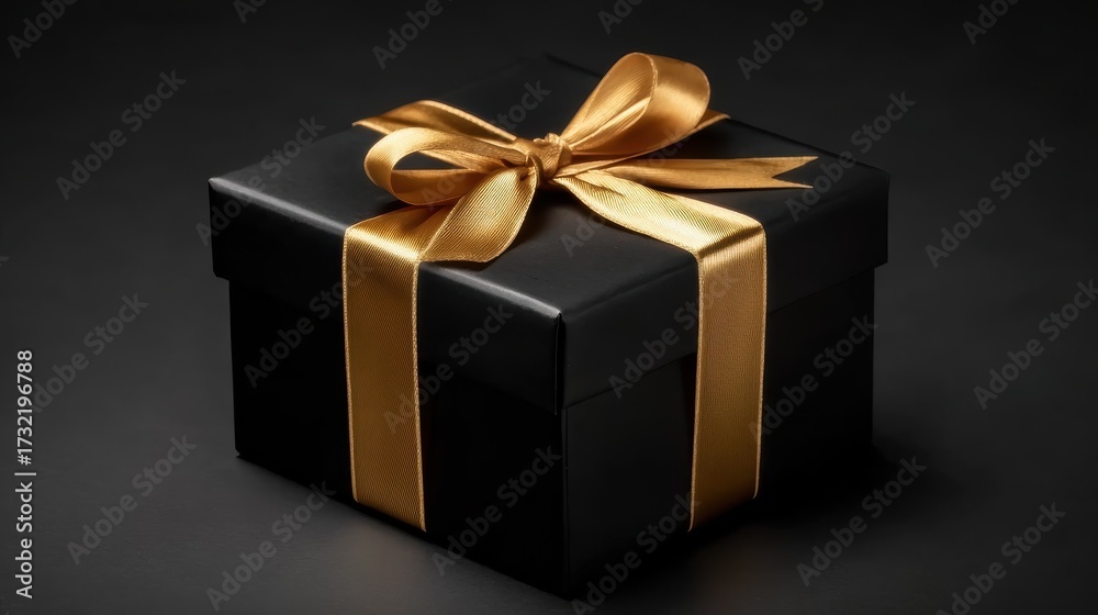 Fototapeta premium Gift box on dark background with textured bow and feathers, romantic luxury for birthdays. Suitable for celebrations, social media, and gift designs.