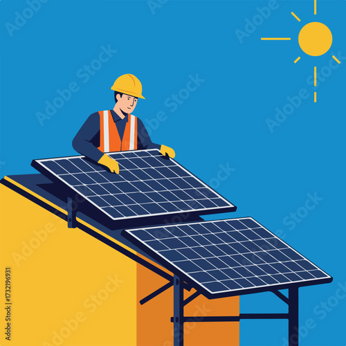 Worker installs solar panels under a shining sun on a flat roof