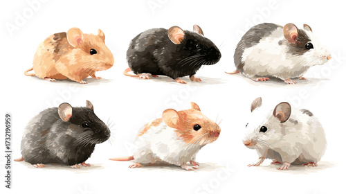 Vector illustration of a set of 6 different mice isolated on a white background