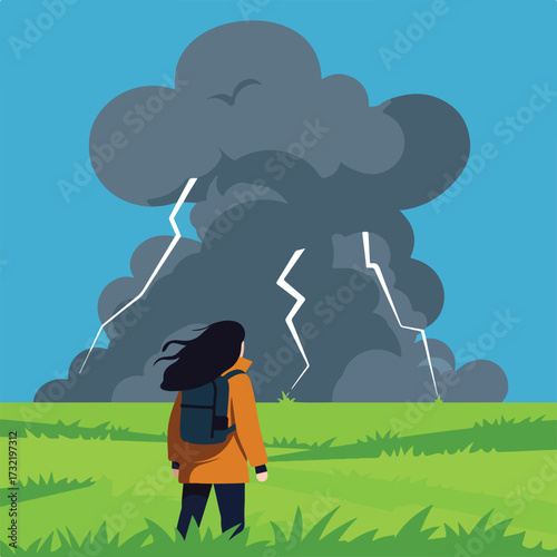 Hiker watches lightning storm in flat illustration style