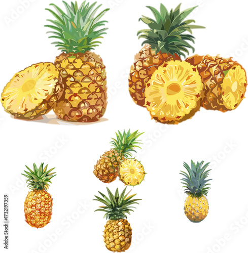 set of pineapple isolated on white, set of fruits in color style and no background