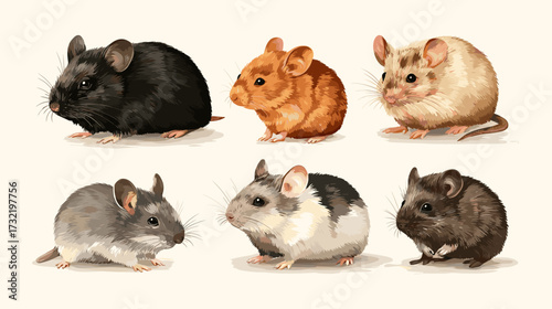 Vector illustration of a set of 6 different mice isolated on a white background