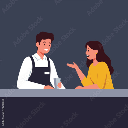 Cartoon of a bartender talking to a customer at a bar