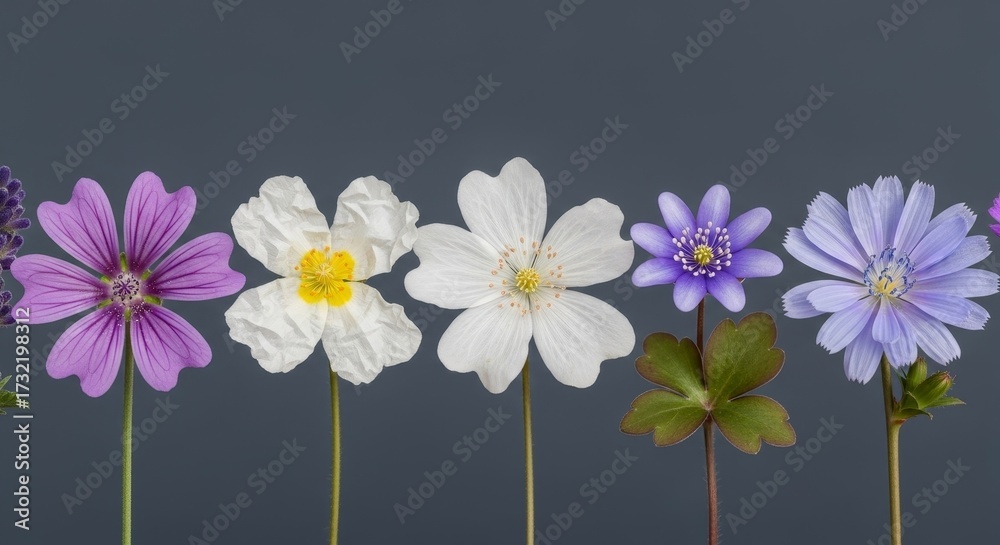 Obraz premium Six varied flowers in a row lavender to violet to white on slender stems against a muted dark grey background