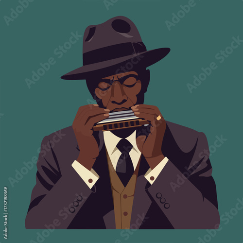 Illustration of a blues musician playing harmonica, wearing a hat and suit