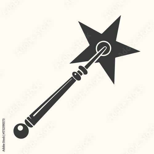Vector art of a stylized black silhouette of a magic wand with a star at the end, isolated on a light beige background, evoking fantasy and enchantment